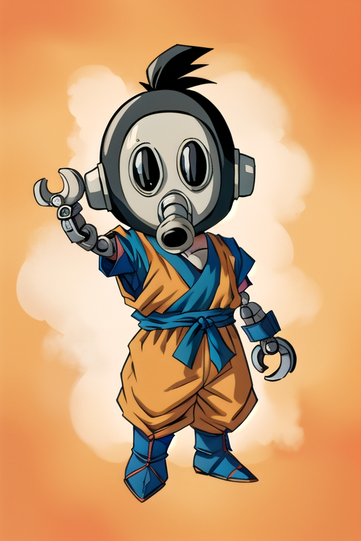 3210043-1336342080-toribot, 1boy, solo, humanoid robot,chibi, (wrench hand), gas mask, full body, standing, orange dougi,son goku, short sleeves, (.png